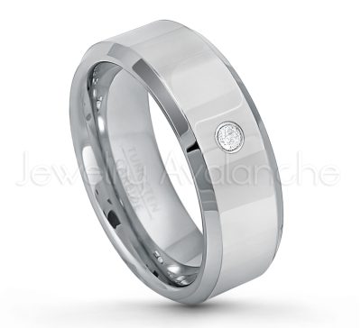 0.07ctw Diamond Tungsten Ring - April Birthstone Ring - 8mm Tungsten Wedding Band - Polished Finish Beveled Edge Comfort Fit Tungsten Carbide Ring - Anniversary Ring TN009-WD