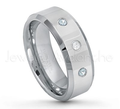 0.21ctw Aquamarine & Diamond 3-Stone Tungsten Ring - March Birthstone Ring - 8mm Tungsten Wedding Band - Polished Finish Beveled Edge Comfort Fit Tungsten Carbide Ring - Anniversary Ring TN009-AQM