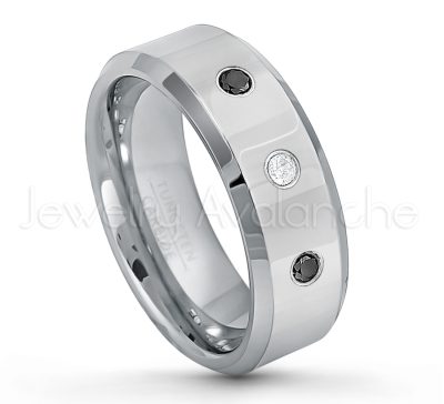 0.07ctw Diamond Tungsten Ring - April Birthstone Ring - 8mm Tungsten Wedding Band - Polished Finish Beveled Edge Comfort Fit Tungsten Carbide Ring - Anniversary Ring TN009-WD