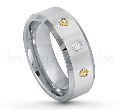 0.21ctw Citrine 3-Stone Tungsten Ring - November Birthstone Ring - 8mm Tungsten Wedding Band - Polished Finish Beveled Edge Comfort Fit Tungsten Carbide Ring - Anniversary Ring TN009-CN