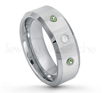 0.21ctw Green Tourmaline & Diamond 3-Stone Tungsten Ring - October Birthstone Ring - 8mm Tungsten Wedding Band - Polished Finish Beveled Edge Comfort Fit Tungsten Carbide Ring - Anniversary Ring TN009-GTM