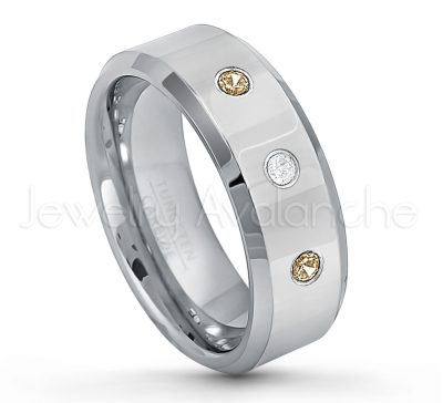 0.21ctw Smokey Quartz 3-Stone Tungsten Ring - November Birthstone Ring - 8mm Tungsten Wedding Band - Polished Finish Beveled Edge Comfort Fit Tungsten Carbide Ring - Anniversary Ring TN009-SMQ