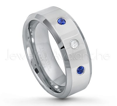 0.21ctw Blue Sapphire & Diamond 3-Stone Tungsten Ring - September Birthstone Ring - 8mm Tungsten Wedding Band - Polished Finish Beveled Edge Comfort Fit Tungsten Carbide Ring - Anniversary Ring TN009-SP