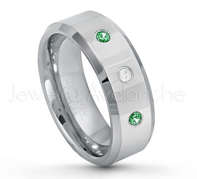 0.07ctw Tsavorite Tungsten Ring - January Birthstone Ring - 8mm Tungsten Wedding Band - Polished Finish Beveled Edge Comfort Fit Tungsten Carbide Ring - Anniversary Ring TN009-TVR