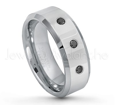 0.21ctw Black Diamond 3-Stone Tungsten Ring - April Birthstone Ring - 8mm Tungsten Wedding Band - Polished Finish Beveled Edge Comfort Fit Tungsten Carbide Ring - Anniversary Ring TN009-BD