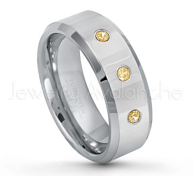 0.21ctw Citrine & Diamond 3-Stone Tungsten Ring - November Birthstone Ring - 8mm Tungsten Wedding Band - Polished Finish Beveled Edge Comfort Fit Tungsten Carbide Ring - Anniversary Ring TN009-CN