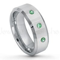 0.21ctw Emerald 3-Stone Tungsten Ring - May Birthstone Ring - 8mm Tungsten Wedding Band - Polished Finish Beveled Edge Comfort Fit Tungsten Carbide Ring - Anniversary Ring TN009-ED