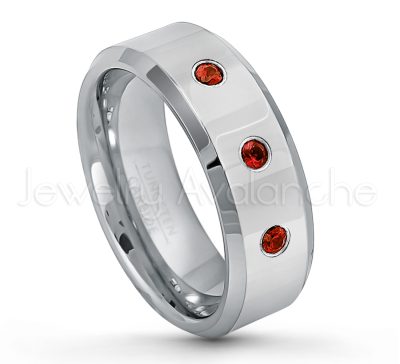 0.21ctw Garnet 3-Stone Tungsten Ring - January Birthstone Ring - 8mm Tungsten Wedding Band - Polished Finish Beveled Edge Comfort Fit Tungsten Carbide Ring - Anniversary Ring TN009-GR