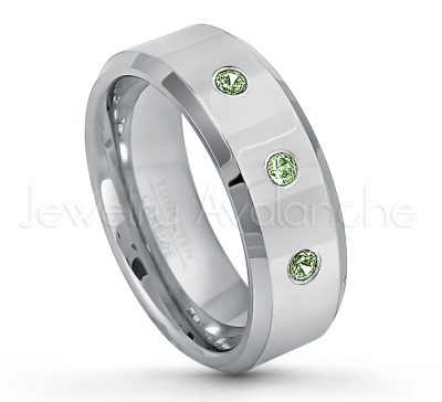 0.21ctw Green Tourmaline 3-Stone Tungsten Ring - October Birthstone Ring - 8mm Tungsten Wedding Band - Polished Finish Beveled Edge Comfort Fit Tungsten Carbide Ring - Anniversary Ring TN009-GTM