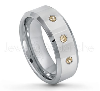 0.21ctw Smokey Quartz & Diamond 3-Stone Tungsten Ring - November Birthstone Ring - 8mm Tungsten Wedding Band - Polished Finish Beveled Edge Comfort Fit Tungsten Carbide Ring - Anniversary Ring TN009-SMQ