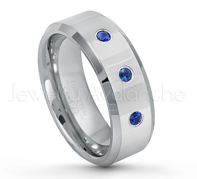 0.07ctw Blue Sapphire Tungsten Ring - September Birthstone Ring - 8mm Tungsten Wedding Band - Polished Finish Beveled Edge Comfort Fit Tungsten Carbide Ring - Anniversary Ring TN009-SP