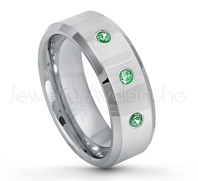 0.21ctw Tsavorite 3-Stone Tungsten Ring - January Birthstone Ring - 8mm Tungsten Wedding Band - Polished Finish Beveled Edge Comfort Fit Tungsten Carbide Ring - Anniversary Ring TN009-TVR