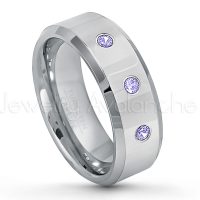 0.21ctw Tanzanite 3-Stone Tungsten Ring - December Birthstone Ring - 8mm Tungsten Wedding Band - Polished Finish Beveled Edge Comfort Fit Tungsten Carbide Ring - Anniversary Ring TN009-TZN