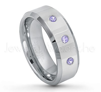 0.21ctw Tanzanite & Diamond 3-Stone Tungsten Ring - December Birthstone Ring - 8mm Tungsten Wedding Band - Polished Finish Beveled Edge Comfort Fit Tungsten Carbide Ring - Anniversary Ring TN009-TZN