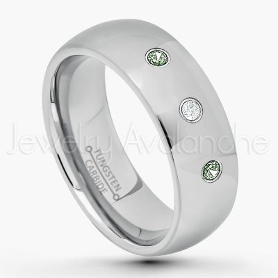 0.21ctw Alexandrite & Diamond 3-Stone Tungsten Ring - June Birthstone Ring - 8mm Comfort Fit Tungsten Wedding Band - Polished Finish Classic Dome Tungsten Carbide Ring - Men's Tungsten Anniversary Ring TN013B-ALX