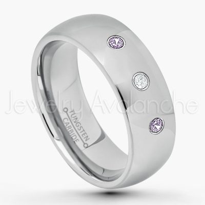 0.21ctw Amethyst & Diamond 3-Stone Tungsten Ring - February Birthstone Ring - 8mm Comfort Fit Tungsten Wedding Band - Polished Finish Classic Dome Tungsten Carbide Ring - Men's Tungsten Anniversary Ring TN013B-AMT