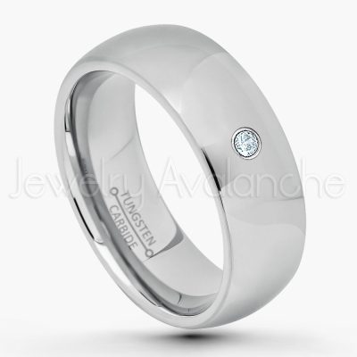 0.21ctw Aquamarine & Diamond 3-Stone Tungsten Ring - March Birthstone Ring - 8mm Comfort Fit Tungsten Wedding Band - Polished Finish Classic Dome Tungsten Carbide Ring - Men's Tungsten Anniversary Ring TN013B-AQM