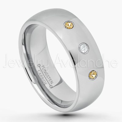 0.07ctw Citrine Tungsten Ring - November Birthstone Ring - 8mm Comfort Fit Tungsten Wedding Band - Polished Finish Classic Dome Tungsten Carbide Ring - Men's Tungsten Anniversary Ring TN013B-CN