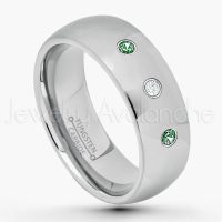0.21ctw Emerald & Diamond 3-Stone Tungsten Ring - May Birthstone Ring - 8mm Comfort Fit Tungsten Wedding Band - Polished Finish Classic Dome Tungsten Carbide Ring - Men's Tungsten Anniversary Ring TN013B-ED