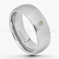 0.07ctw Green Tourmaline Tungsten Ring - October Birthstone Ring - 8mm Comfort Fit Tungsten Wedding Band - Polished Finish Classic Dome Tungsten Carbide Ring - Men's Tungsten Anniversary Ring TN013B-GTM