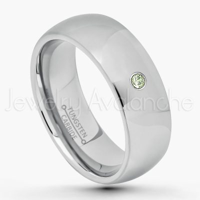 0.21ctw Peridot 3-Stone Tungsten Ring - August Birthstone Ring - 8mm Comfort Fit Tungsten Wedding Band - Polished Finish Classic Dome Tungsten Carbide Ring - Men's Tungsten Anniversary Ring TN013B-PD
