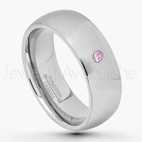 0.07ctw Pink Tourmaline Tungsten Ring - October Birthstone Ring - 8mm Comfort Fit Tungsten Wedding Band - Polished Finish Classic Dome Tungsten Carbide Ring - Men's Tungsten Anniversary Ring TN013B-PTM