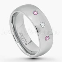 0.21ctw Pink Tourmaline & Diamond 3-Stone Tungsten Ring - October Birthstone Ring - 8mm Comfort Fit Tungsten Wedding Band - Polished Finish Classic Dome Tungsten Carbide Ring - Men's Tungsten Anniversary Ring TN013B-PTM