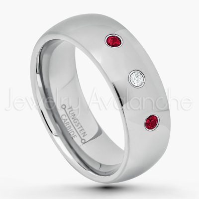 0.07ctw Ruby Tungsten Ring - July Birthstone Ring - 8mm Comfort Fit Tungsten Wedding Band - Polished Finish Classic Dome Tungsten Carbide Ring - Men's Tungsten Anniversary Ring TN013B-RB