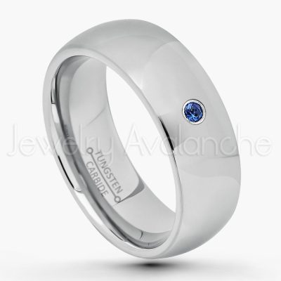 0.21ctw Blue Sapphire 3-Stone Tungsten Ring - September Birthstone Ring - 8mm Comfort Fit Tungsten Wedding Band - Polished Finish Classic Dome Tungsten Carbide Ring - Men's Tungsten Anniversary Ring TN013B-SP