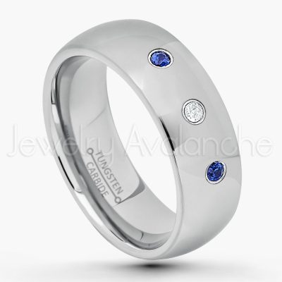 0.21ctw Blue Sapphire 3-Stone Tungsten Ring - September Birthstone Ring - 8mm Comfort Fit Tungsten Wedding Band - Polished Finish Classic Dome Tungsten Carbide Ring - Men's Tungsten Anniversary Ring TN013B-SP