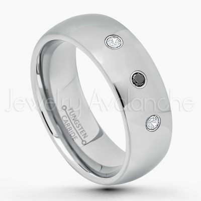 0.21ctw White & Black Diamond 3-Stone Tungsten Ring - April Birthstone Ring - 8mm Comfort Fit Tungsten Wedding Band - Polished Finish Classic Dome Tungsten Carbide Ring - Men's Tungsten Anniversary Ring TN013B-WD