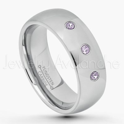 0.07ctw Amethyst Tungsten Ring - February Birthstone Ring - 8mm Comfort Fit Tungsten Wedding Band - Polished Finish Classic Dome Tungsten Carbide Ring - Men's Tungsten Anniversary Ring TN013B-AMT