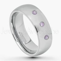 0.21ctw Amethyst 3-Stone Tungsten Ring - February Birthstone Ring - 8mm Comfort Fit Tungsten Wedding Band - Polished Finish Classic Dome Tungsten Carbide Ring - Men's Tungsten Anniversary Ring TN013B-AMT
