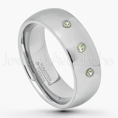 0.21ctw Peridot & Diamond 3-Stone Tungsten Ring - August Birthstone Ring - 8mm Comfort Fit Tungsten Wedding Band - Polished Finish Classic Dome Tungsten Carbide Ring - Men's Tungsten Anniversary Ring TN013B-PD