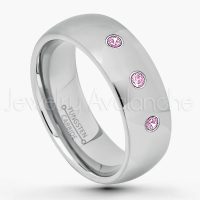 0.21ctw Pink Tourmaline 3-Stone Tungsten Ring - October Birthstone Ring - 8mm Comfort Fit Tungsten Wedding Band - Polished Finish Classic Dome Tungsten Carbide Ring - Men's Tungsten Anniversary Ring TN013B-PTM