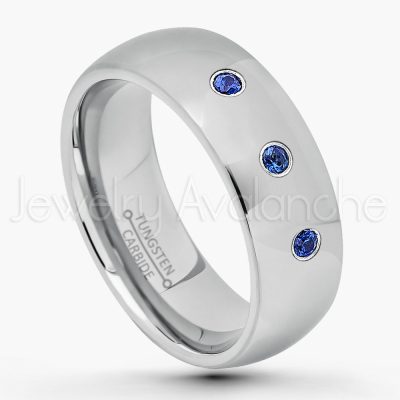 0.21ctw Blue Sapphire & Diamond 3-Stone Tungsten Ring - September Birthstone Ring - 8mm Comfort Fit Tungsten Wedding Band - Polished Finish Classic Dome Tungsten Carbide Ring - Men's Tungsten Anniversary Ring TN013B-SP