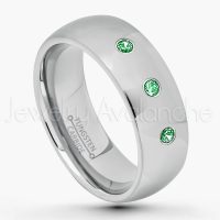 0.21ctw Tsavorite 3-Stone Tungsten Ring - January Birthstone Ring - 8mm Comfort Fit Tungsten Wedding Band - Polished Finish Classic Dome Tungsten Carbide Ring - Men's Tungsten Anniversary Ring TN013B-TVR