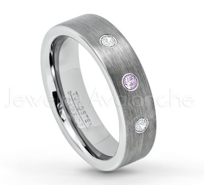 0.21ctw Amethyst & Diamond 3-Stone Tungsten Ring - February Birthstone Ring - 6mm Tungsten Wedding Band - Brushed Finish Comfort Fit Classic Pipe Cut Tungsten Ring - Tungsten Anniversary Ring TN019-AMT