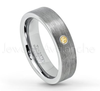 0.07ctw Citrine Tungsten Ring - November Birthstone Ring - 6mm Tungsten Wedding Band - Brushed Finish Comfort Fit Classic Pipe Cut Tungsten Ring - Tungsten Anniversary Ring TN019-CN