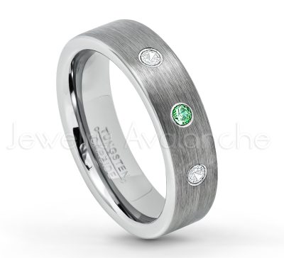 0.07ctw Emerald Tungsten Ring - May Birthstone Ring - 6mm Tungsten Wedding Band - Brushed Finish Comfort Fit Classic Pipe Cut Tungsten Ring - Tungsten Anniversary Ring TN019-ED