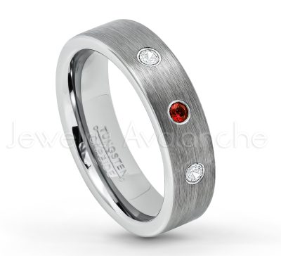 0.21ctw Garnet 3-Stone Tungsten Ring - January Birthstone Ring - 6mm Tungsten Wedding Band - Brushed Finish Comfort Fit Classic Pipe Cut Tungsten Ring - Tungsten Anniversary Ring TN019-GR