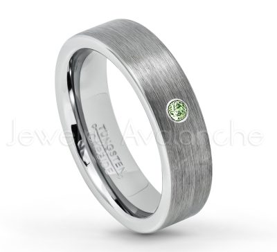 0.21ctw Green Tourmaline 3-Stone Tungsten Ring - October Birthstone Ring - 6mm Tungsten Wedding Band - Brushed Finish Comfort Fit Classic Pipe Cut Tungsten Ring - Tungsten Anniversary Ring TN019-GTM