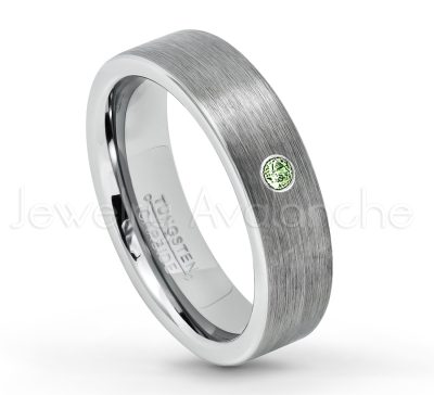 0.21ctw Green Tourmaline & Diamond 3-Stone Tungsten Ring - October Birthstone Ring - 6mm Tungsten Wedding Band - Brushed Finish Comfort Fit Classic Pipe Cut Tungsten Ring - Tungsten Anniversary Ring TN019-GTM