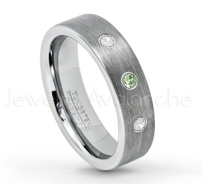 0.21ctw Green Tourmaline 3-Stone Tungsten Ring - October Birthstone Ring - 6mm Tungsten Wedding Band - Brushed Finish Comfort Fit Classic Pipe Cut Tungsten Ring - Tungsten Anniversary Ring TN019-GTM