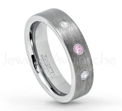 0.21ctw Pink Tourmaline 3-Stone Tungsten Ring - October Birthstone Ring - 6mm Tungsten Wedding Band - Brushed Finish Comfort Fit Classic Pipe Cut Tungsten Ring - Tungsten Anniversary Ring TN019-PTM