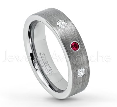 0.07ctw Ruby Tungsten Ring - July Birthstone Ring - 6mm Tungsten Wedding Band - Brushed Finish Comfort Fit Classic Pipe Cut Tungsten Ring - Tungsten Anniversary Ring TN019-RB