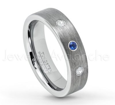0.21ctw Blue Sapphire 3-Stone Tungsten Ring - September Birthstone Ring - 6mm Tungsten Wedding Band - Brushed Finish Comfort Fit Classic Pipe Cut Tungsten Ring - Tungsten Anniversary Ring TN019-SP