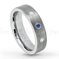 0.21ctw Blue Sapphire & Diamond 3-Stone Tungsten Ring - September Birthstone Ring - 6mm Tungsten Wedding Band - Brushed Finish Comfort Fit Classic Pipe Cut Tungsten Ring - Tungsten Anniversary Ring TN019-SP