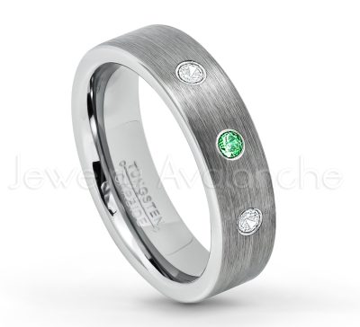 0.21ctw Tsavorite 3-Stone Tungsten Ring - January Birthstone Ring - 6mm Tungsten Wedding Band - Brushed Finish Comfort Fit Classic Pipe Cut Tungsten Ring - Tungsten Anniversary Ring TN019-TVR