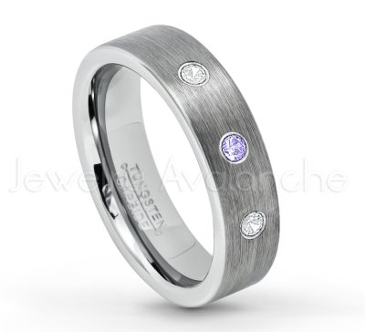 0.21ctw Tanzanite 3-Stone Tungsten Ring - December Birthstone Ring - 6mm Tungsten Wedding Band - Brushed Finish Comfort Fit Classic Pipe Cut Tungsten Ring - Tungsten Anniversary Ring TN019-TZN